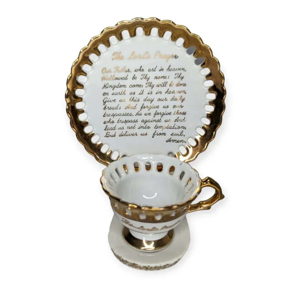 Vintage Porcelain The Lord's Prayer Miniature Cup & Saucer with Stand